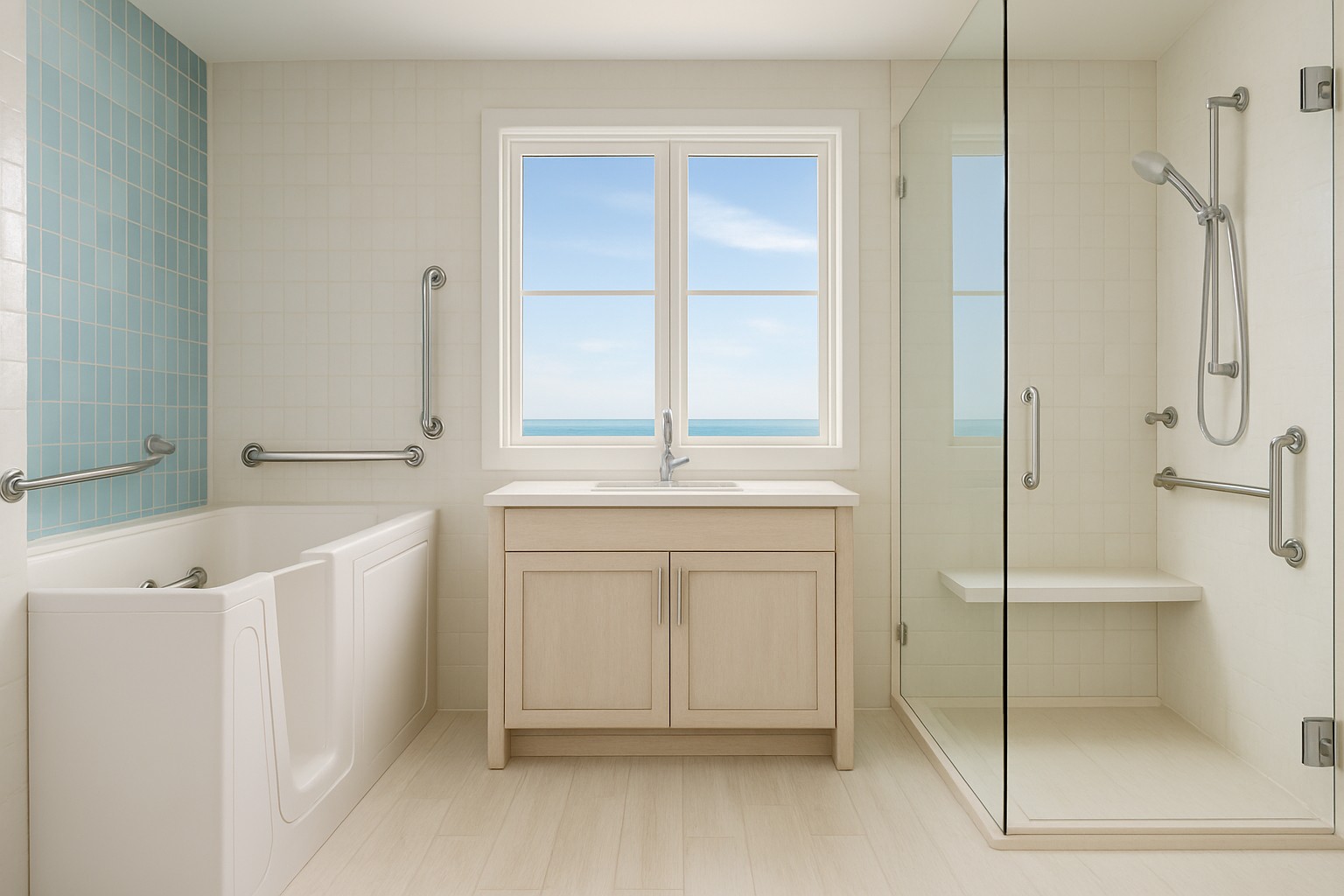 Modern TUBSAFE bathroom with a walk-in tub and shower