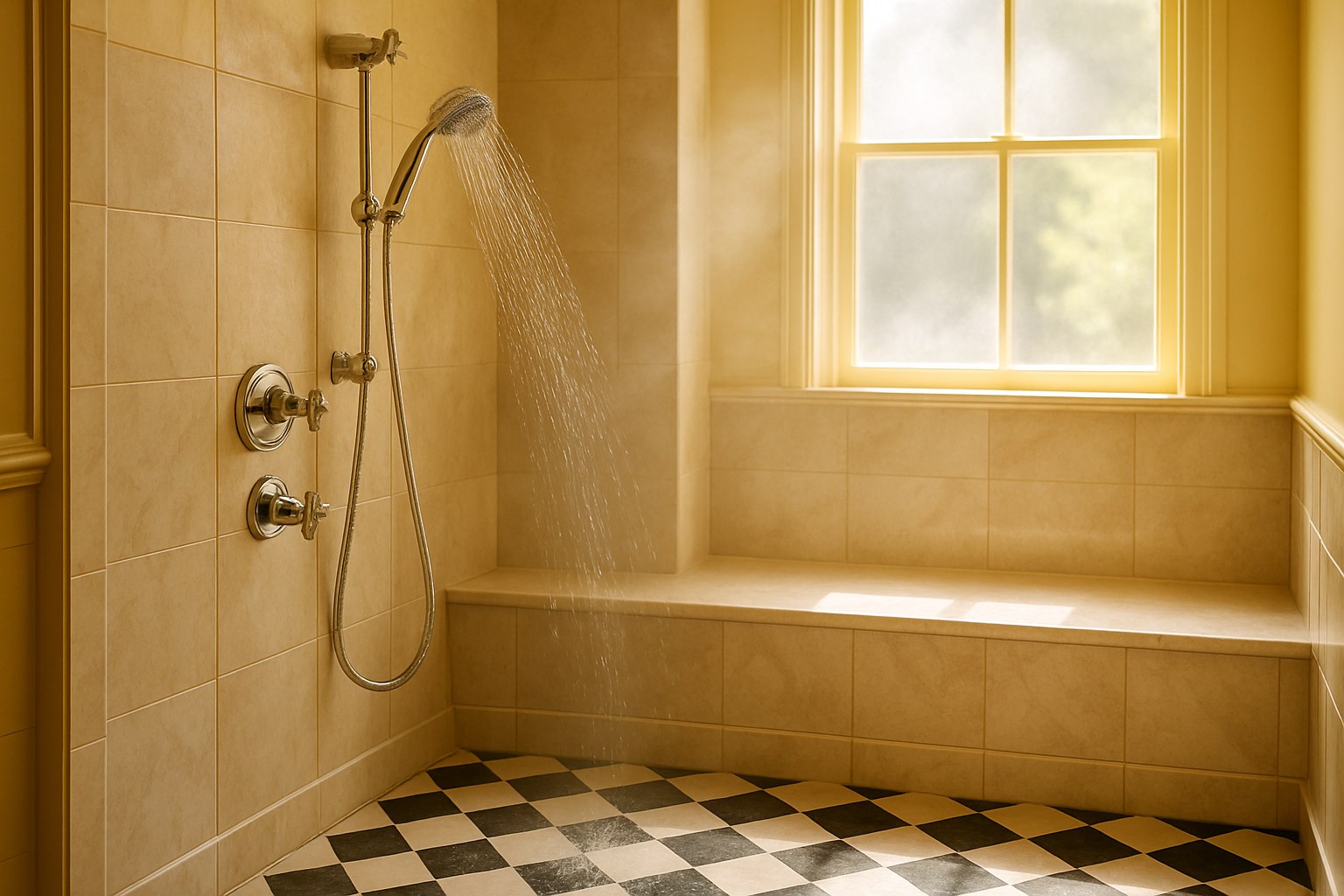Sunlit shower with a tiled bench and handheld shower