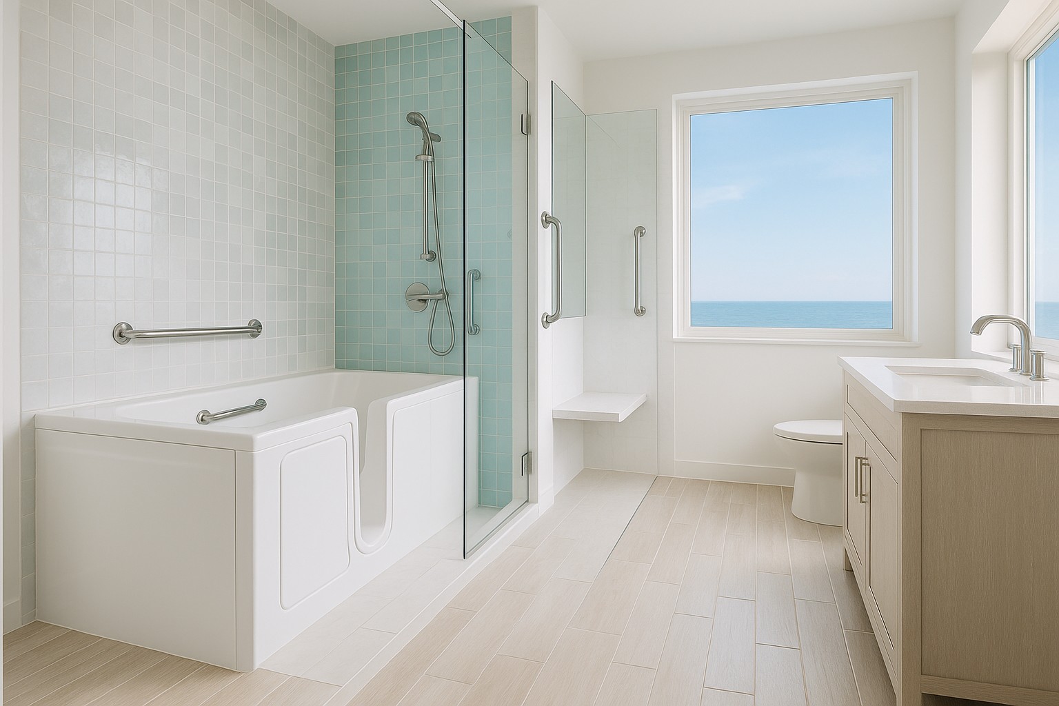 Coastal-style bathroom with a walk-in tub and curbless shower