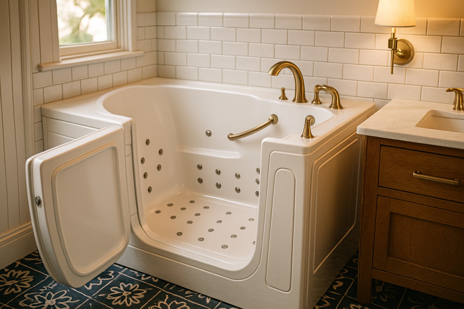 Walk-in tub with an open door, built-in seat and jets