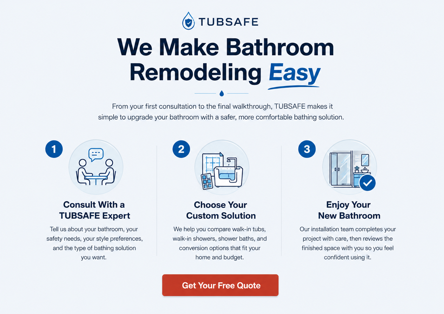 We Make Bathroom Remodeling Easy: 1. Consult with a TUBSAFE expert, 2. Choose your custom solution, 3. Enjoy your new bathroom. Get your free quote.