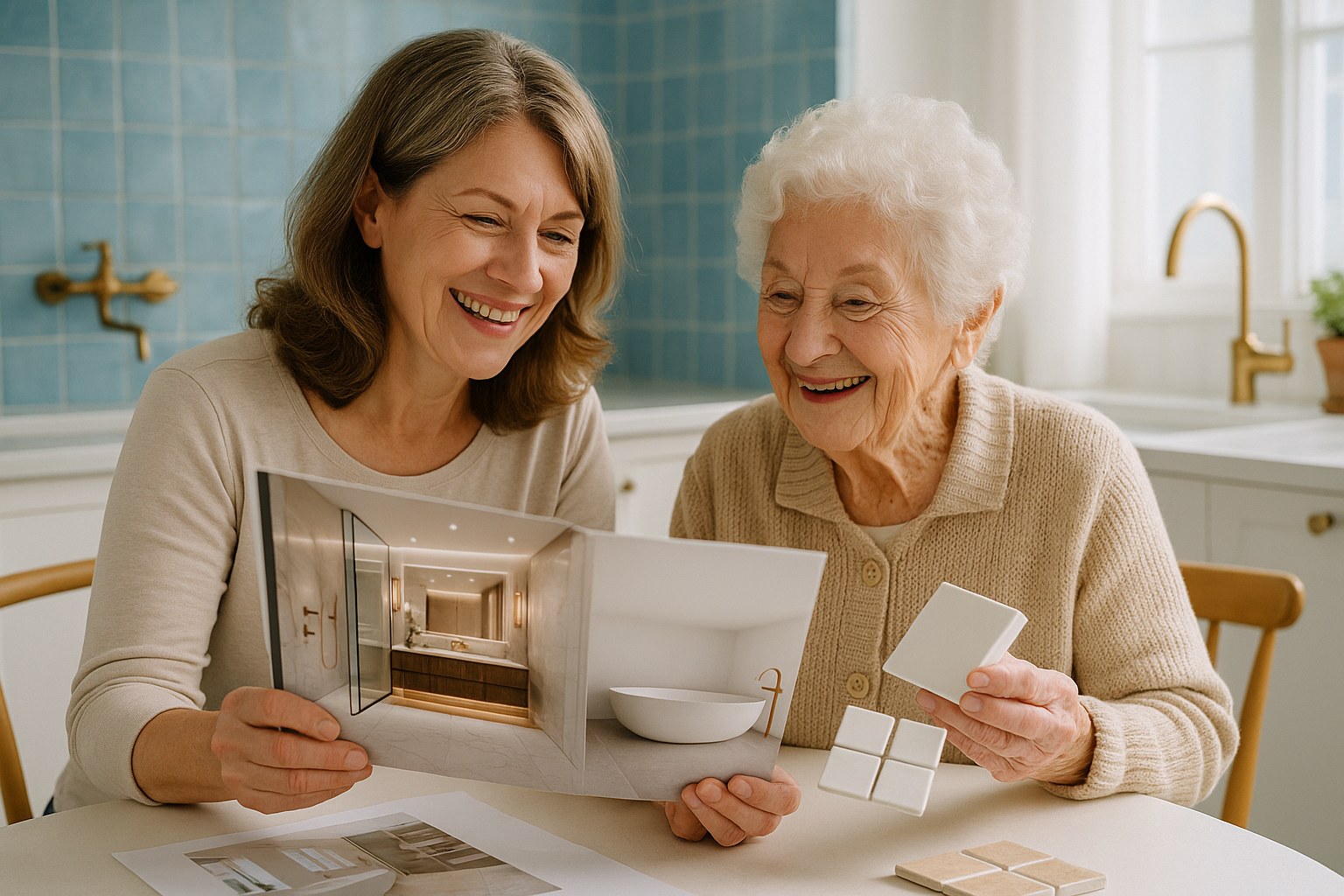 Two women reviewing bathroom design samples