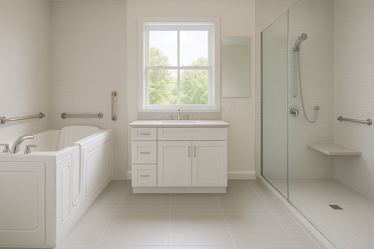 White accessible bathroom with a walk-in tub and curbless shower
