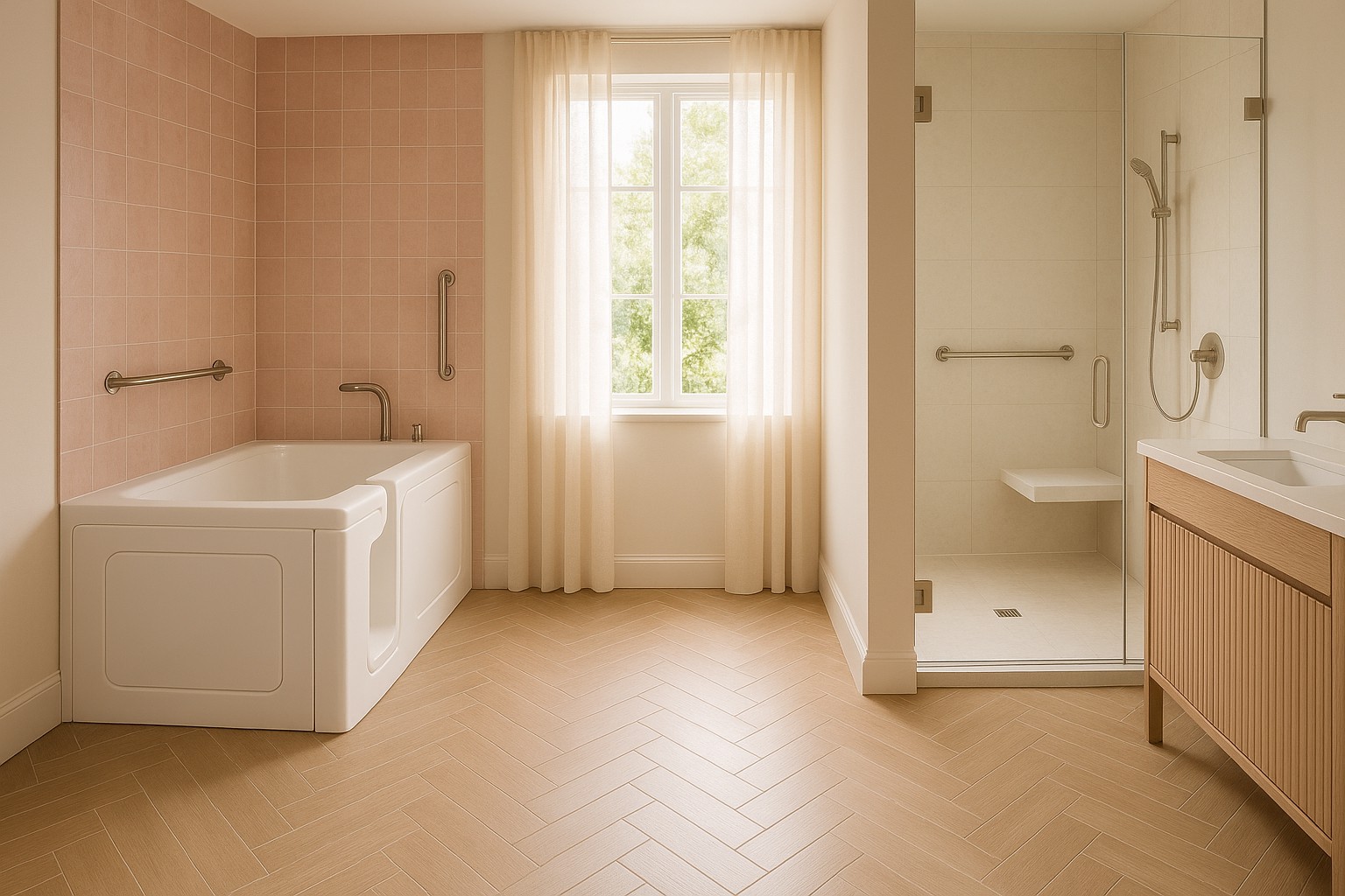 Blush pink bathroom with a walk-in tub and curbless shower
